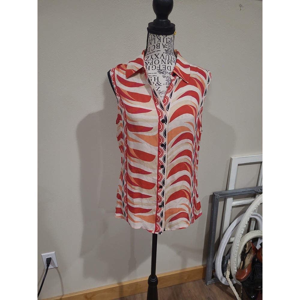 Josephine Chaus Women SZ 10 silk buttondown blouse sleeveless career‎ work artsy